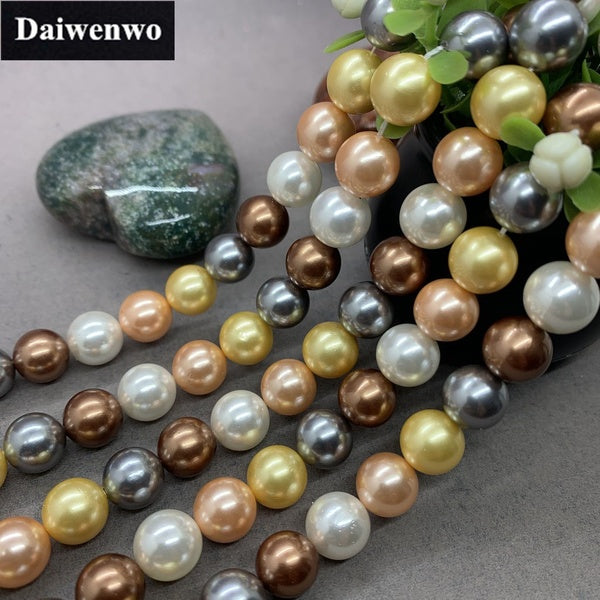 Placage de perles de perles de coquillage d'océan de café jaune mélangées 6-8-10-12mm rondes en vrac bricolage