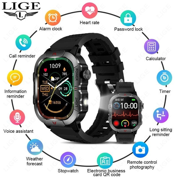 Montre connectée LIGE 2024 pour hommes, Bluetooth, appel, fréquence cardiaque, pression artérielle, sport, fitness, tracker, étanche IP68, lampe de p