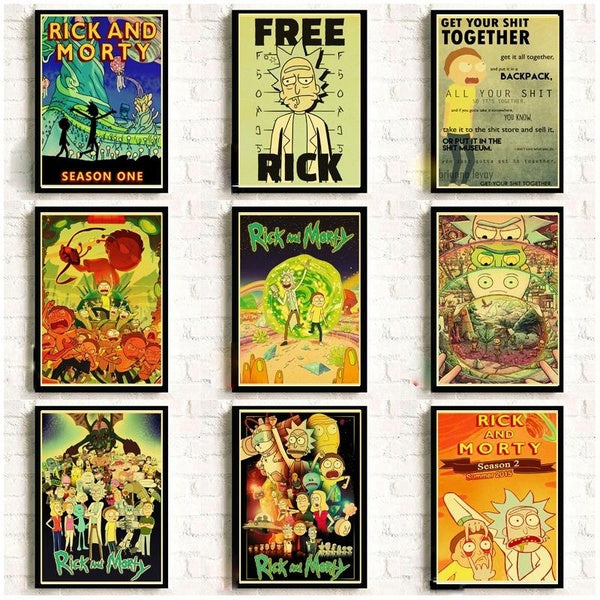 Cartoon poster rick and morty retro posters kraft wall picture high quality painting for home decor wall stickers