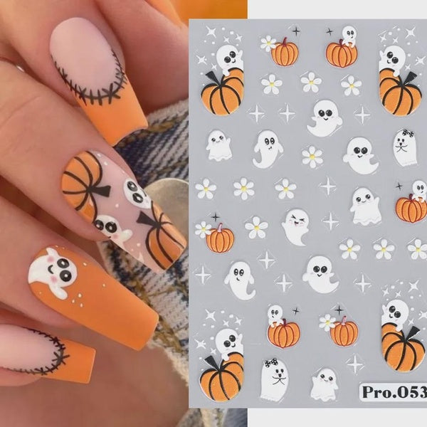 5D Embossed Halloween Nail Art Stickers Skull Pumpkin Nail Silder Ghost Bat Spider Web Anime Decals Engraved Manicure Decoration