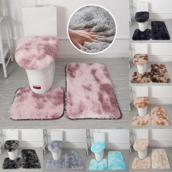 3pcs Microfiber Furry Bath Mat,Thick Soft Plush Luxury Long Hair Bath Mat Super Absorbent Gradient Color Tie-dye Bathroom Rugs,15x20inch U-Shape Co
