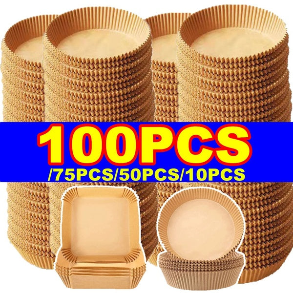10-50-75-100PCS Non-Stick Air Fryer Parchment Paper Liner Baking Mats Kitchen Cooking Accessories Round Square Oil-proof Paper for Household Barbecue