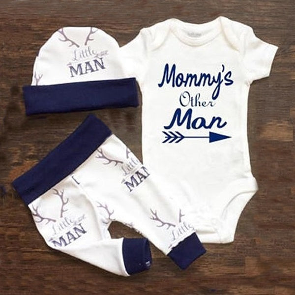 Newborn Infant Baby Boy Short Sleeve Romper Long Pants Hat Outfits 3PCS Clothes Set 0-18M