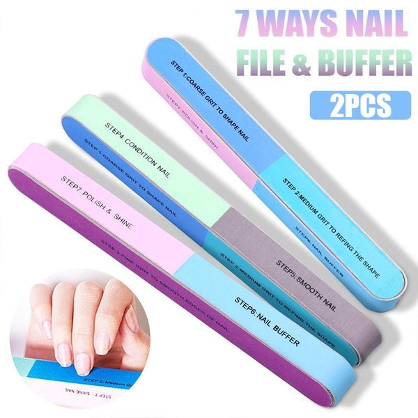 2Pcs 7 Way Nail Files and Buffers Professional Nail Buffer Block Nail Polisher Emery Nail Boards for Nail Art Gel Suit for Home Salons Use