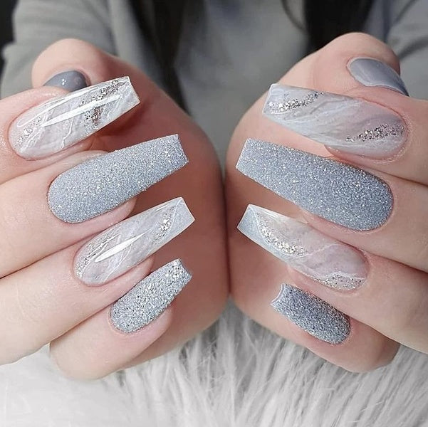 24pcs Coffin Press on Nails Glossy Grey Marble Long Ballerina Acrylic Nails Detachable Luxury Silver Glitter False Nails Tips For for Women and Girls