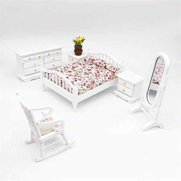 1:12 Dollhouse Miniature White Wooden Bedroom Furniture Bed Dresser Mirror Set