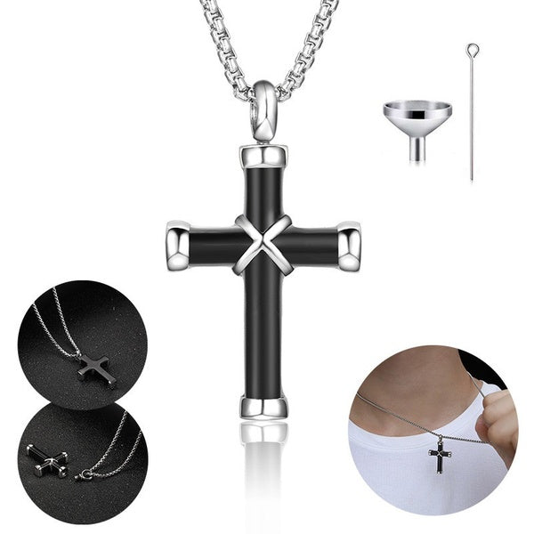 Forever In My Heart Carving Two-color Cross Shaped Memorial Clavicle Chain Perfume Bottle Necklace for Daughter-Aunt-Uncle-Brother-Dad-Mom-Grandma-Gr
