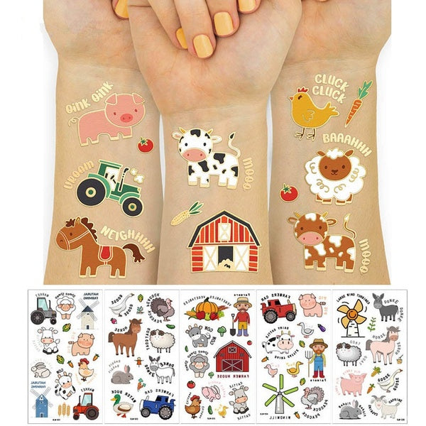 5pc Farm Animals Temporary Tattoo Sticker Petting Cow Horse Tractor Trailer Sheep Stickers Farm Theme For Kids Party Favors