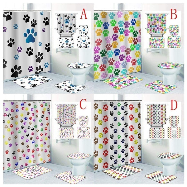 Dog Paw Print Bathroom Decoration Shower Curtain Sets with Non-Slip Rugs, Toilet Lid Cover and Bath Mat, Colored Dog Paw Home Decor Waterproof Polyes