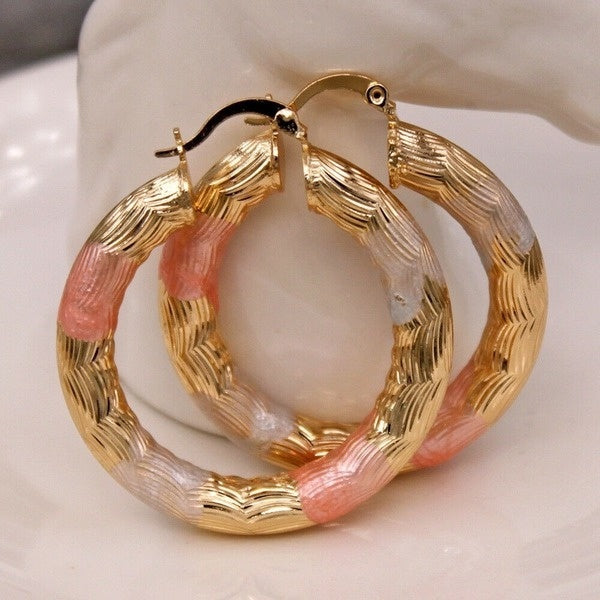 Hoop Earrings for Women's Gold Color Earrings Filled - Crude Tube Swirl Multilayer Circle 3-Color Plated Earrings