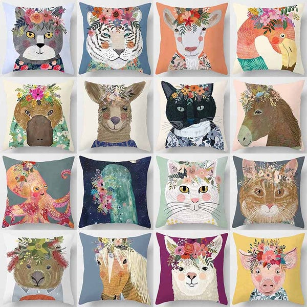 Cartoon animal and flower print square pillowcase, home decoration, car sofa cushion cover (45cm * 45cm)