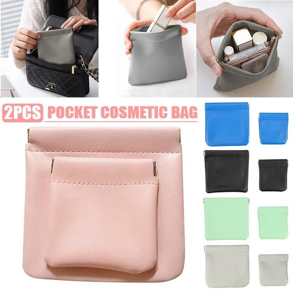 2Pcs Small Makeup Bag for Purse, 2 Size Portable Mini Pocket Cosmetic Bag No Zipper Design Leather Coin Purse Small Storage Pouch For Lipstick Headph