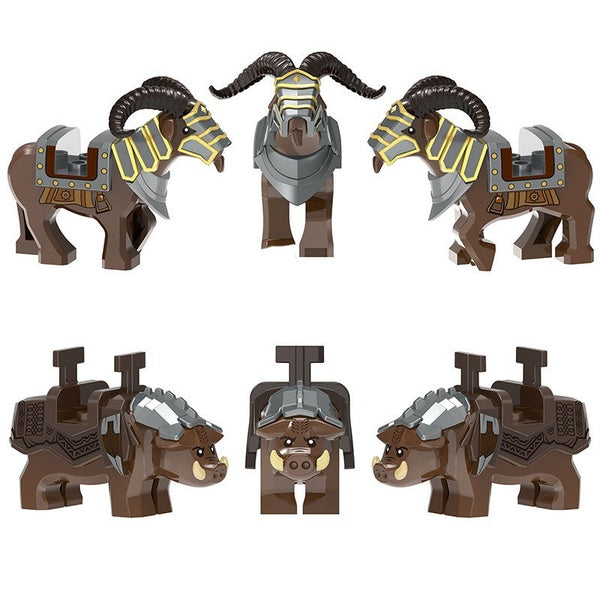 6Pcs City Creative Animal Series Medieval Horn Sheep Wild Boar Mount MOC Model Building Blocks Bricks Toys Gifts