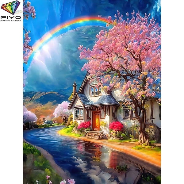 FIYO Rainbows and Houses DIY 5D Diamond Painting Full Drill with Number Kits Home and Kitchen Fashion Mosaic Diamond Painting Canvas Wall Decoration