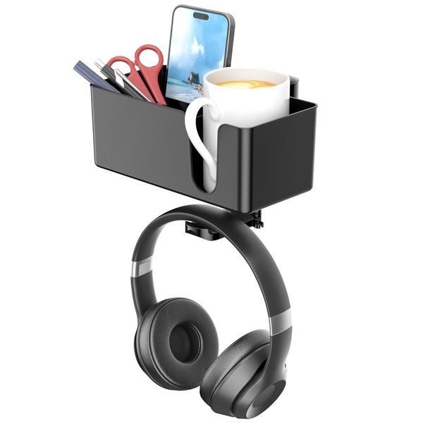 2 in 1 Headphone Hanger with Desk Cup Holder - Under Desk Clamp Rotatable Headset Holder - Suitable for Coffee Mups, Water Cups, Headphone(Black)