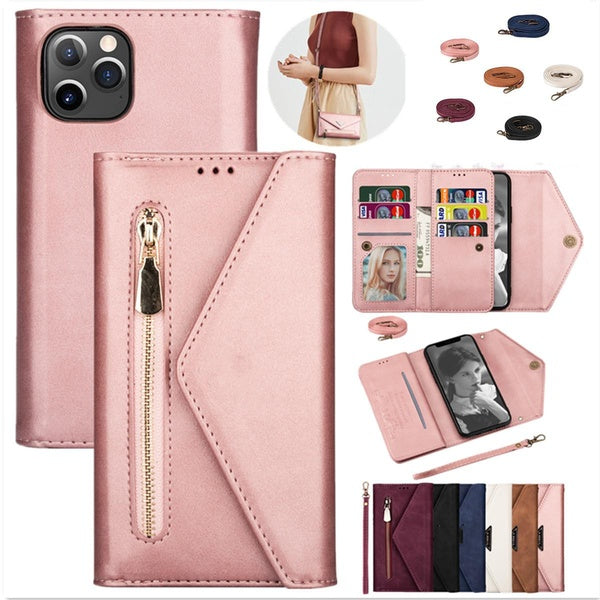 Femmes-hommes un porte-cartes multi-cartes Premium Folio Flip cuir de protection fermeture éclair poche sac à main étui portefeuille avec dragonne et