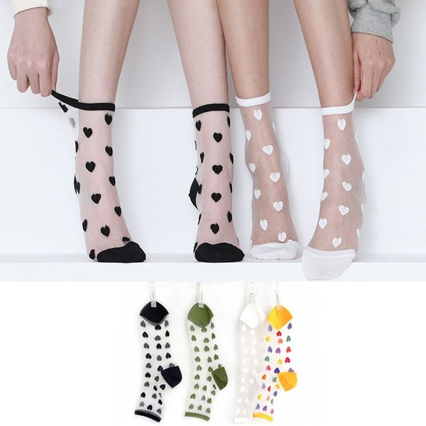 Korean Summer Heart Tulle Glass Silk Socks Women New Ladies Lace Transparent Ultra-thin Mesh Colorful Nylon Sheer Socks