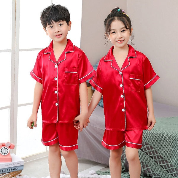 Chrildrens Cute Soft Silk Satin Pajamas Set Short Sleeved Cardigan Sleepwear 2 Pcs PJ Set Top and Short Pants(7 Colors)