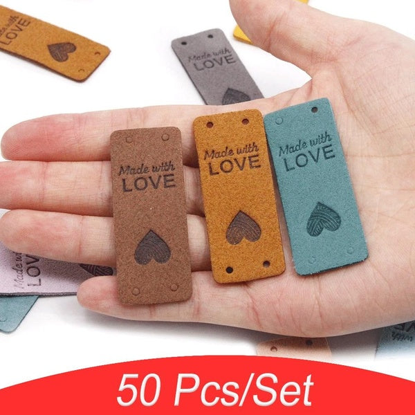 2 Styles 10-20-50Pcs Handmade Labels For Clothes Made With Love Leather Tags Hand Made Label For Hats Heart Knitting Tags Sewing Accessories