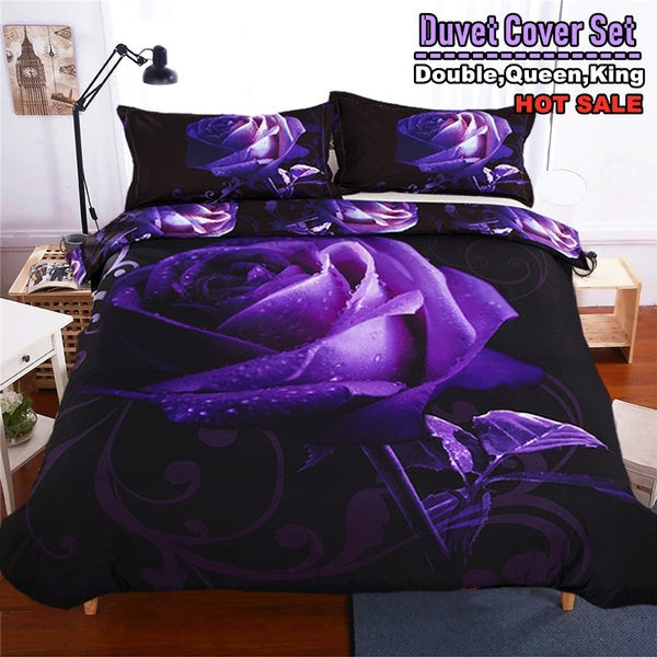 HD 3D Reversible Purple Rose Pattern Printed Duvet Cover Set 2-3pcs Bedding Set Bedclothes Quilt Cover Set with Zipper Closure Pillowcase Baby Single