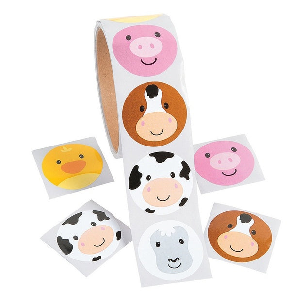 1 Roll (100 Stickers) Cute Cartoon Farm Animals 3.8*3.8cm Paper Stickers Rolls Kids Wild Animals Birthday Party Supplies