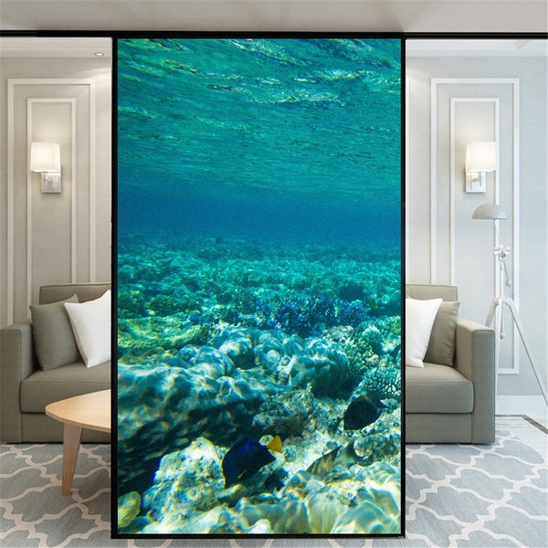 Window Film Frosted Stained Window Film Static Cling No Glue Window Privacy Film Seabed Oceans Pattern Privacy Window Decals Window Stickers
