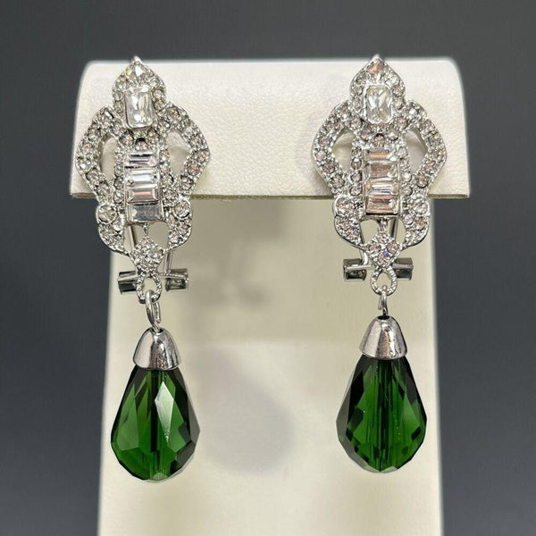 Boucles d'Oreilles Art Déco Strass Vert Cristal Dangle Goutte Percé Omega Ton Argent