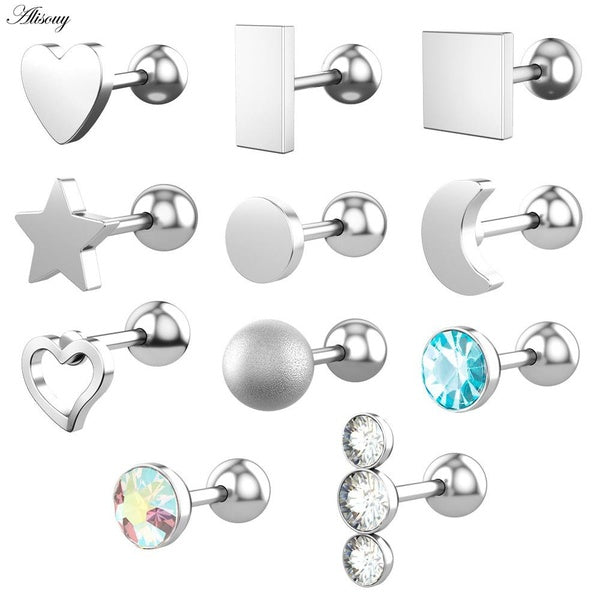 Alisouy Lot de 2 piercings en acier inoxydable pour oreilles de femme et homme, forme carrée, triangle, étoile, lune, zircon, hélix, tragus, cartilag