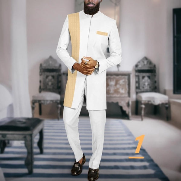 Men`s Suit African Clothes Embroidery Blazer and Ankara Pants 2 Piece Set Formal Outfits Dashiki Attire with Kerchief