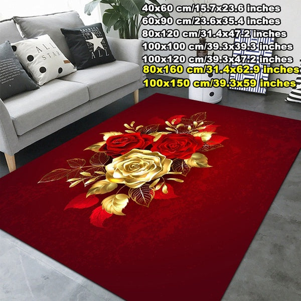 Fashion Home Decor Red & Gold Rose Pattern Print Area Rugs Non-Slip Floor Mat Doormats Home Runner Rug Carpet for Bedroom Indoor Outdoor Kids Play Mat