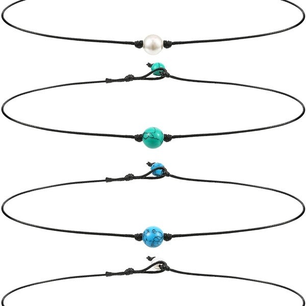Single Pearl Choker Necklace 3 Bead Necklace Single Gemstone-Turquoise Choker and Blue Turquoise Necklace on Leather Cord for Women Girl,4 Pieces(Pea
