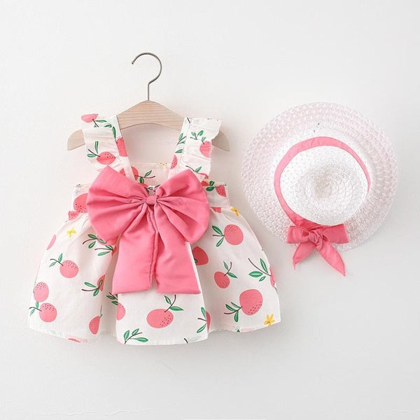 Summer Toddler Baby Cute Bow Girl Dress Fruit Flower Print Princess Infant Girls Sleevless Party Costumes Newborn Lovely Clothes with Straw Hat