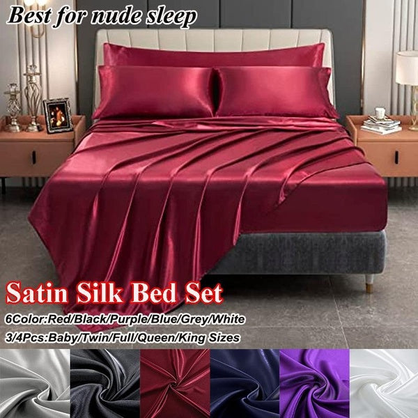 Luxury Soft Comfortable Satin Silk Bedding Set 6 Colors Option Bed Sheets Set Fitted Sheet + Flat Sheet +Pillowcases 3-4 Pcs Baby-Twin-Full-Queen-Kin