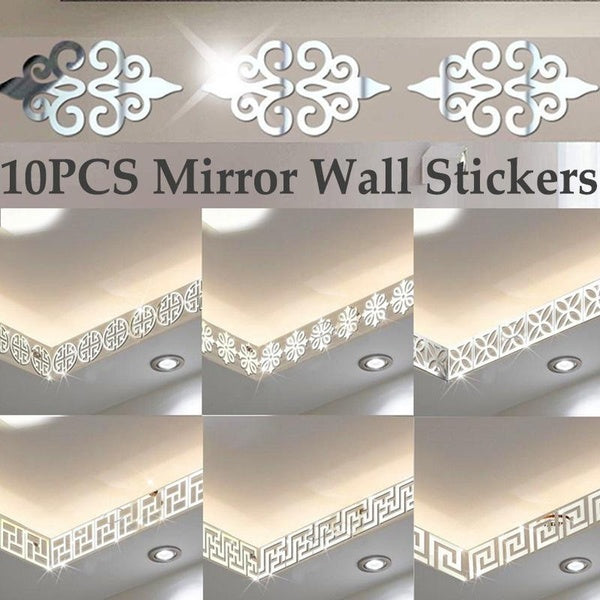 10PCS-set 3D Mirror Wall Sticker Living Room Porch Ceiling Bathroom DIY Acrylic Wall Tiles Waistline Removable Decal Home Decor