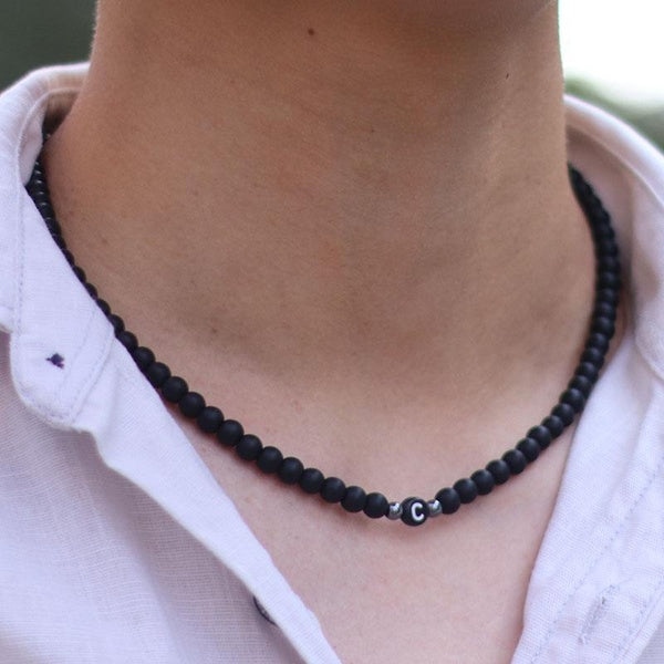 New Men Initial Necklace 6mm Onyx Natural Stone Collar Hiphop Rock Choker Collier Neck Accessories First Name Colar Erkek Kolye