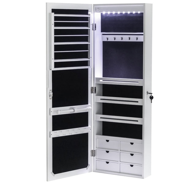 Door Mount Mirrored Jewelry Cabinet Lockable Armoire Organizer with 8-LED Lights