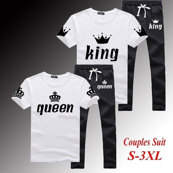 King Queen Couple Matching Set Short Sleeve T-shirt and Sweatpants Trousers Set Men and Women Casual Tracksuits
