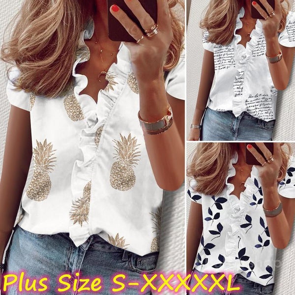 Women Fashion Casual Short Sleeve Tops Blouse Summer Loose T Shirt V-neck Pineapple Leaf Letter Print Shirts Ladies Chiffon Blouses Plus Size S-5XL