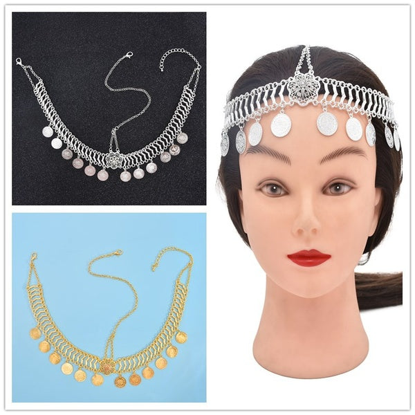 Women Fashion Gold Silver Metal Coin Tassel Head Chains Crystal Flower Headbands Boho Wedding Party Hair Accessories Indian Jewelry