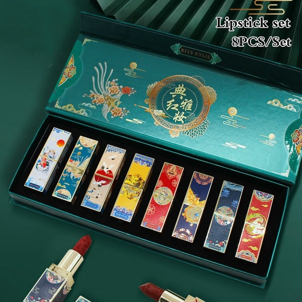 8PCS-Set Chinese Style Carved Lipstick Set Ancient Style Makeup Moisturizing Matte Lipstick Gift Box