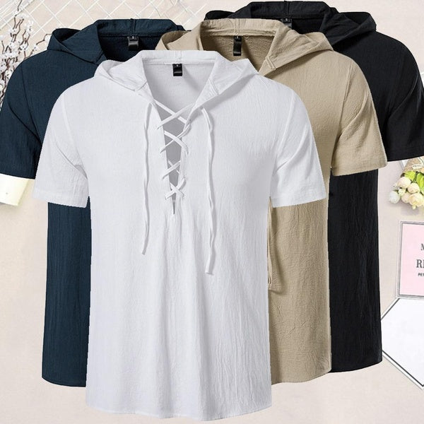 Summer Solid Color Beach T-Shirt Men's Short Sleeve Cotton Linen T-Shirt Hoodie Shirt