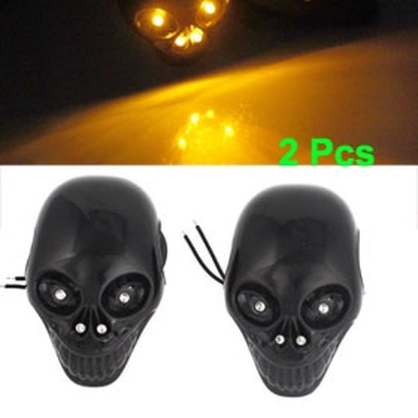 2 Pcs Yellow LED Black Skull Shape Plastic Lens Bumper Side Marker Signal Light Lamp Decor for Motorcycle