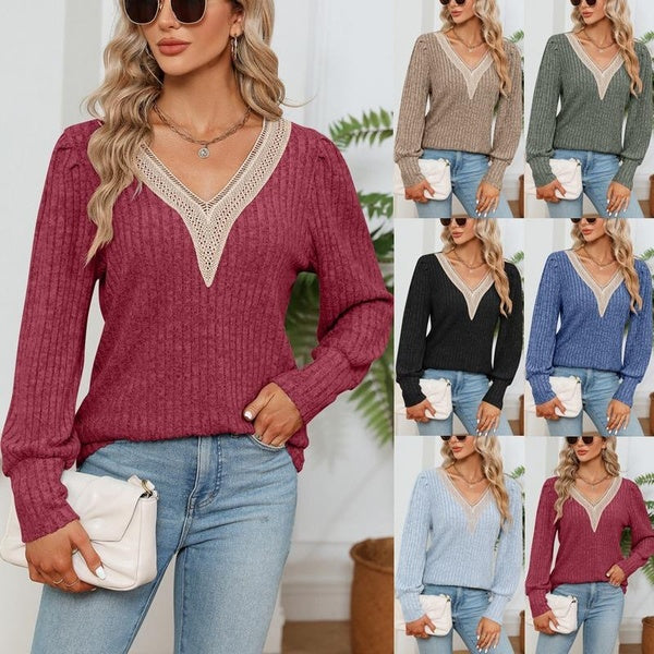 Women's V Neck Long Sleeve T-shirts Ladies Autumn Winter Loose Pit Stripe Blouses Fashion Casual Blouses Tops