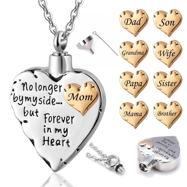 Stainless Steel Family Memorial Heart Pendant For Mom, Dad, Pet,No Longer By My Side Forever In My Heart Urn Necklace For Ashes Cremation Pendant Jew Matron Inn