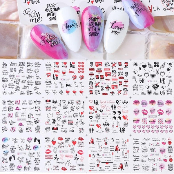 Nail Sticker Sliders Love Word Heart Letter Design Nail Art Water Transfer Decals Valentine Manicure Tattoos