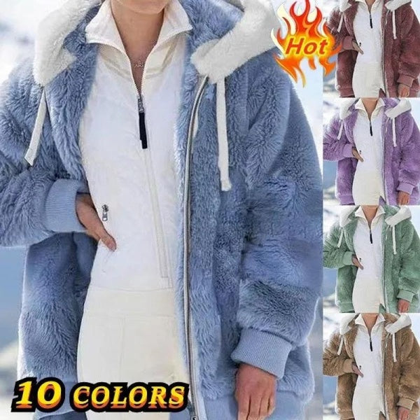 Women's Jacket Hooded Warm Plush Loose Jacket Winter Outerwear Faux Fur Zipper Ladies Parka Coat