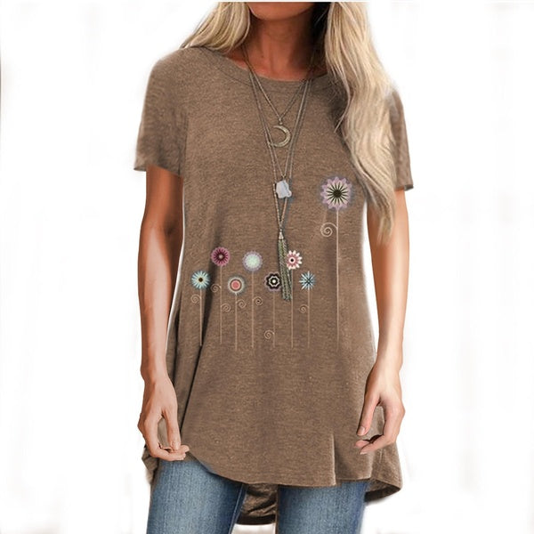 Women's Fashion Summer Clothes Casual O-neck Short Sleeve Tops Ladies Loose Tunic T-shirts Cotton Floral Printed Blouses Plus Size Shirts