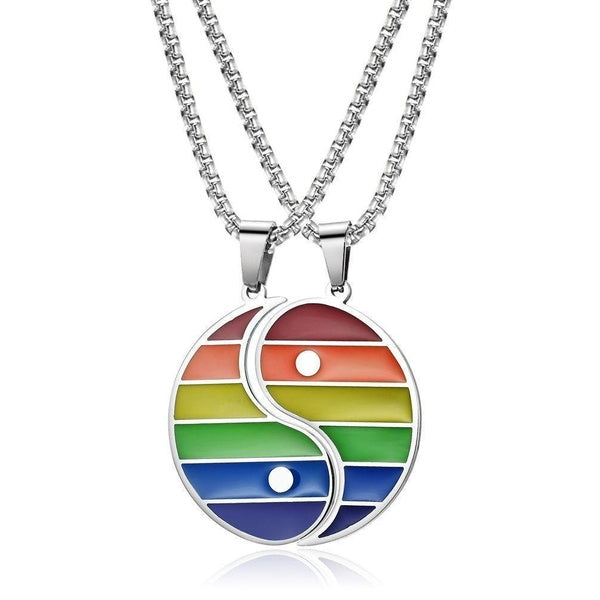 Femmes Hommes Mode Rayures Multicolores Titane Acier Yin et Yang Tai Chi Jigsaw Puzzle Pendentifs Gay & Lesbian Pride Arc-en-ciel Couleur Collier Sai