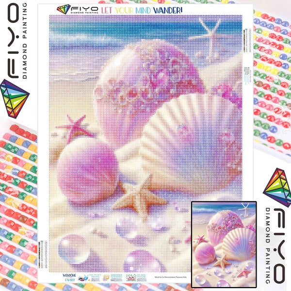 FIYO Pink Shells and Sand Beach Diamond Painting Kits For Adults DIY 5D Diamond Mosaic Diamond Painting Home and Kitchen Fashion Canvas Pictures Wall