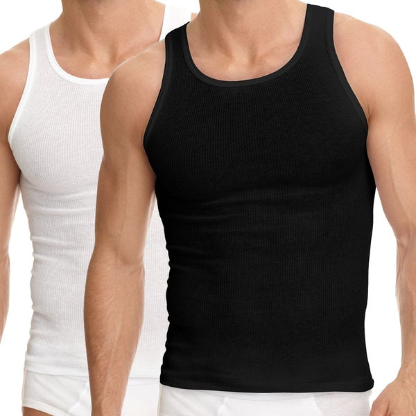 6 Packs Men's 100% Cotton Tank Top A-Shirt Vest Wife Beater Undershirt Ribbed Black